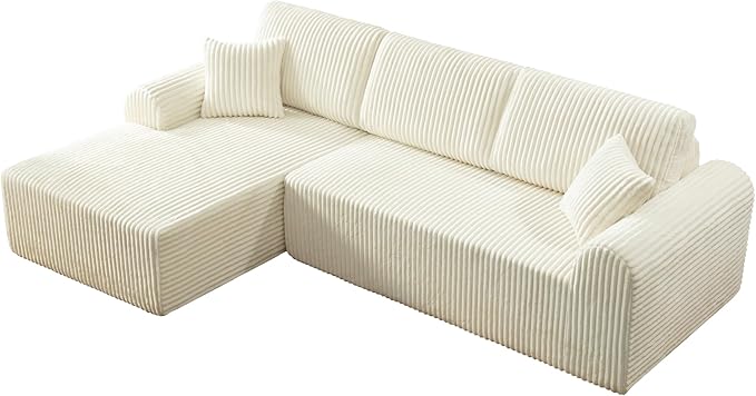 109-Inch L-Shaped Left Facing Boneless Corner Sofa 2 PCS Modular Sectional Cloud Sofa Couch with Chaise Lounge and Toss Pillow Corduroy Boneless L-Shaped Couches