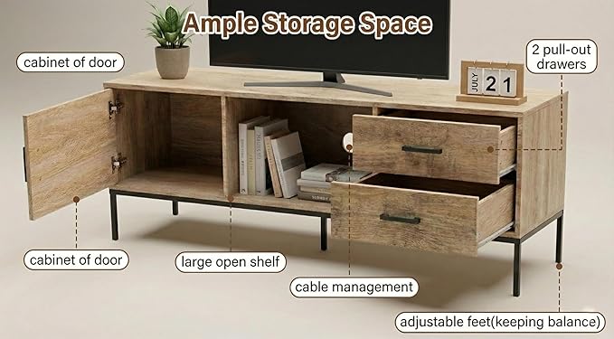TV Stand for 55/60 Inch TV Modern Wood Entertainment Center with Storage 52 Media Console Table with 2 Drawers &amp Door Cabinet Television Stands for Living Room &amp Bedroom (Rustic Brown)