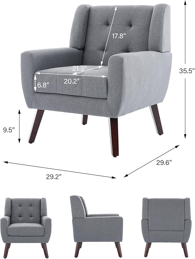 Accent Chair Comfy Mid Century Modern Small Armchairs with Solid Wood Frame and Soft Cushion for Living Room Bedroom (Fabric Grey Set of 2)