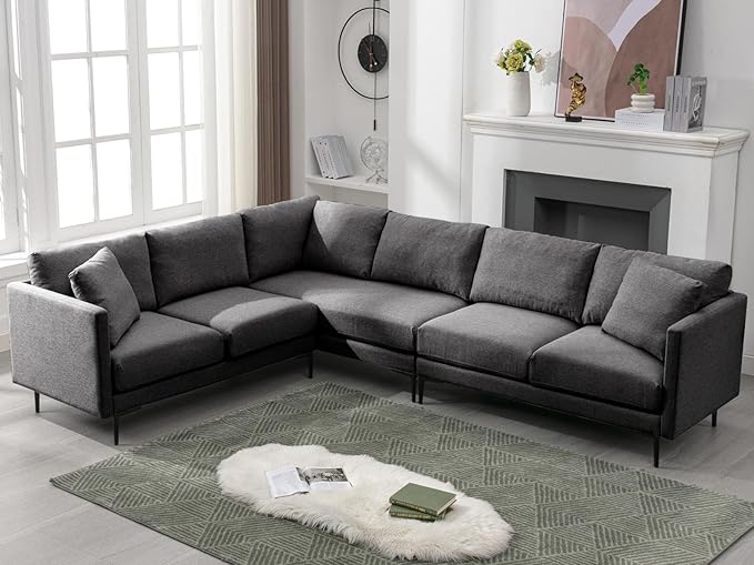 BALUS 107 W Sectional L Shaped Sofa Couch Set for Living Room Convertible Oversized 5-Seat Corner Sofa Sets with 2 Pillows Modern Linen Sofas with Metal Legs for Living Room Apartment - Dark Grey