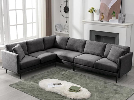 BALUS 107 W Sectional L Shaped Sofa Couch Set for Living Room Convertible Oversized 5-Seat Corner Sofa Sets with 2 Pillows Modern Linen Sofas with Metal Legs for Living Room Apartment - Dark Grey