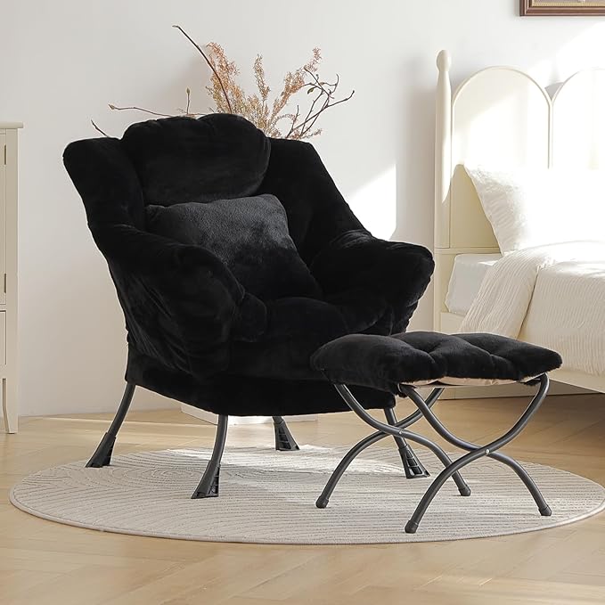 Lazy Chair with Ottoman Large Black Accent Chair with Ottoman and FA Throw Pillow Comfy Plush Reading Chair for Living Room Bedroom Dorm Room Office Apartment Relaxing Use