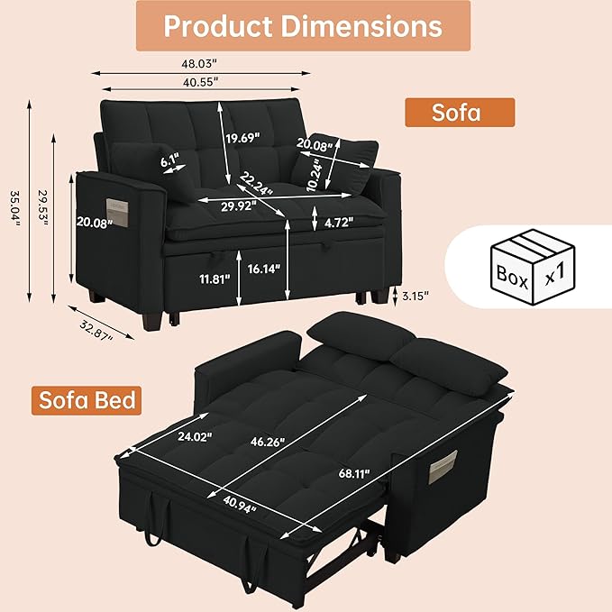 Futon Sofa Bed3 in 1 Convertible Sleeper Sofa with Pull Out BedSmall Loveseat with Adjustable BackrestLinen Futon Couches for Living RoomBlack