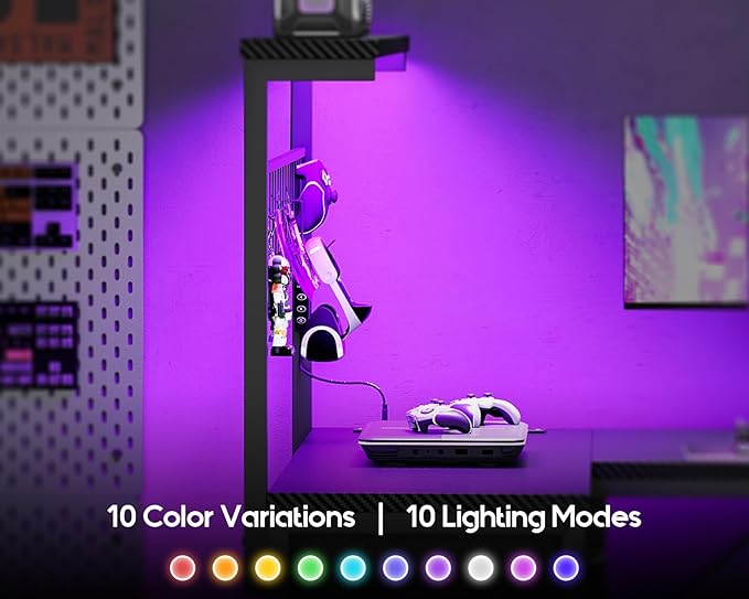 MOTPK 43” L Shaped Gaming Desk for Small Rooms Compact Corner Computer Table with Shelf &amp Hutch 4 Drawers Reversible Study Desk with LED Light Power Outlets &amp USB Ports Black Carbon Fiber