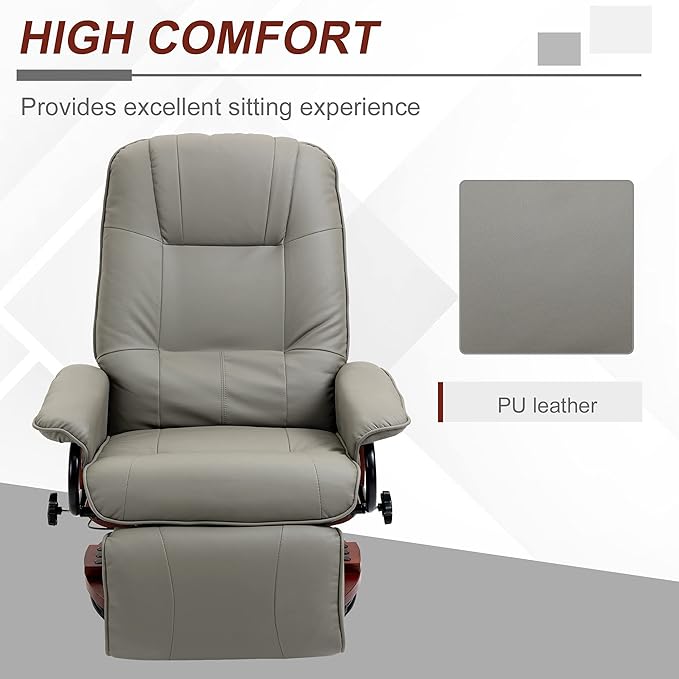 HOMCOM Faux Leather Manual Recliner Adjustable Swivel Lounge Chair with Footrest Armrest and Wrapped Wood Base for Living Room Gray