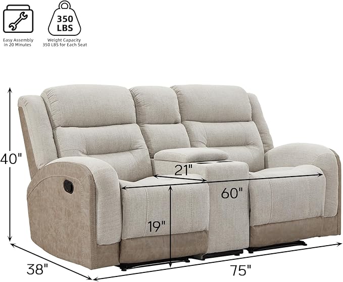 EBELLO Loveseat Recliner with Center Console Soft Fabric 2-Seater Manual Recliner Sofa Hidden Storage &amp Cup Holders Wall-Hugger Reclining Sofa for Living Room RV Beige