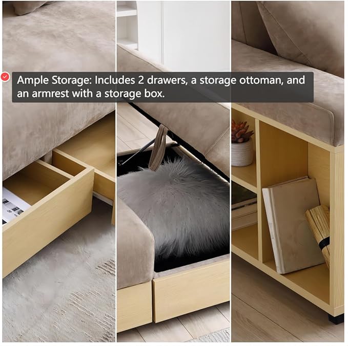 Sofa 84.65 Convertible Sofa Bed with Storage Ottoman Adjustable Armrest &amp Coffee Table - Perfect for Small Apartments 2 Drawers Soft Cotton Linen Fabric Solid Wood FrameLight Brown