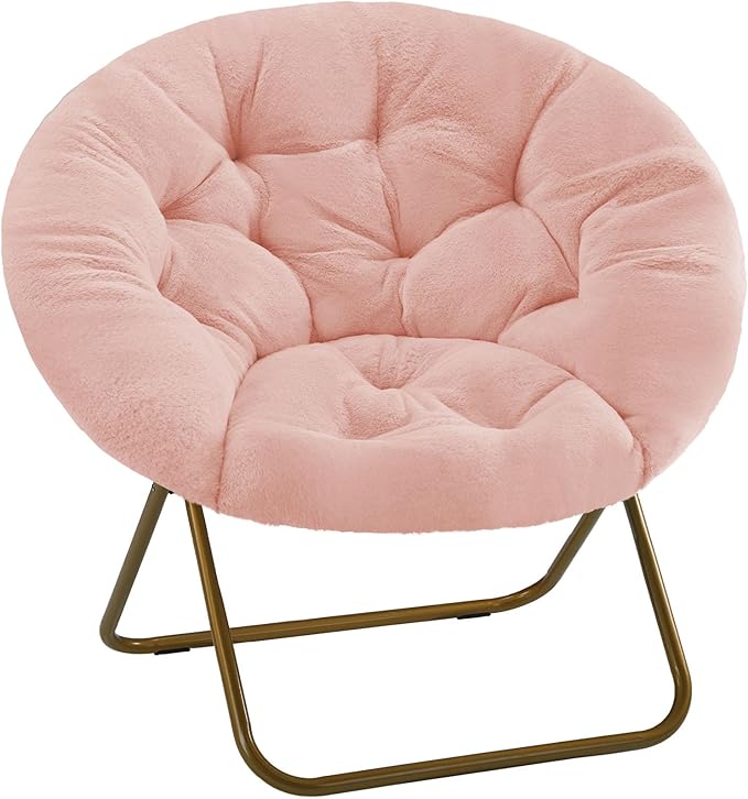 HealSmart Saucer Chair Comfy Faux Fur Folding Moon Chair with Metal Frame Cozy Round Chair Lounge Lazy Chair for Living Room Bedroom Adults Kids Teens Pink