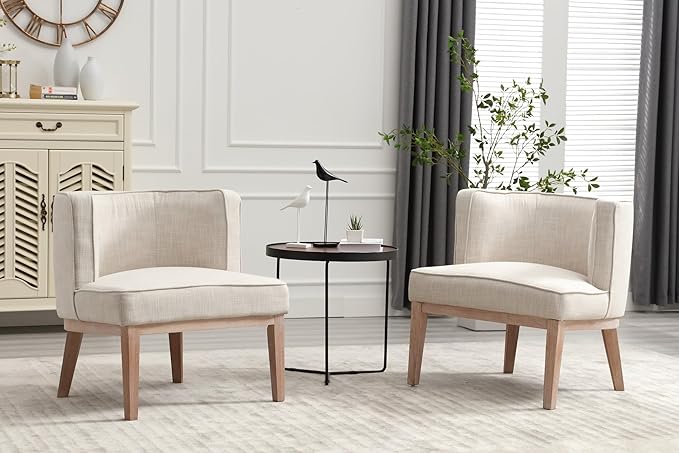 Set of 2 Arm Accent Chair Barrel Accent Chair with Wood Legs Comfy Barrel Side Chair Linen Upholstered Reading Chairs with Back for Living Room Bedroom Living Room Chair Beige