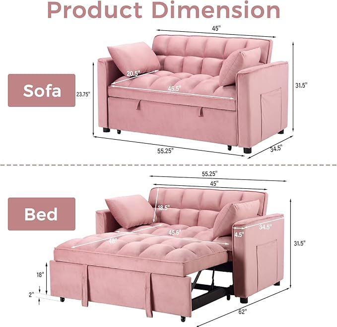 ANJ 3 in 1 Convertible Sofa Bed Pull Out Futon Loveseat Sleeper Sofa Couch with Adjustable Backrest Storage Pockets 2 Pillows for Living Room Bedroom