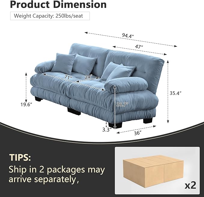 Modern Cloud Sofa Couch for Bedroom 94.4 Comfy Modular Loveseat Sofa Oversized 2 Seater Sectional Sofa with Deep Seat &amp High Back Chenille Upholstered Couches for Small Spaces Living Room Bl