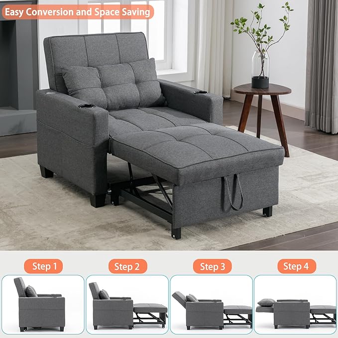 Modern Convertible Sleeper Sofa Bed 3-in-1 Adjustable Futon Couch with Storage &amp Removable Armrests for Apartment Studio Office Small Spaces (Grey)