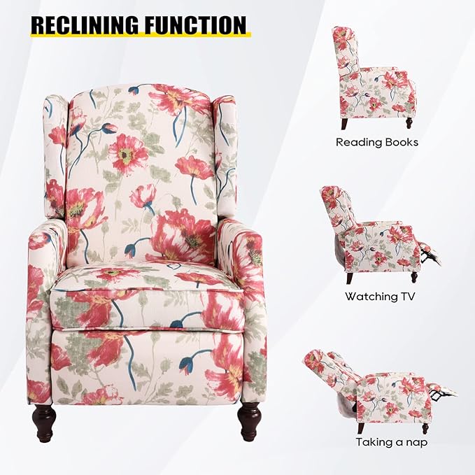 Upholstered Wingback Recliner Chair Traditional Push Back Recliner Chair with Padded Seat Fabric Floral Chair Wingback Recliner with Wooden Legs Small Recliners for Small Spaces