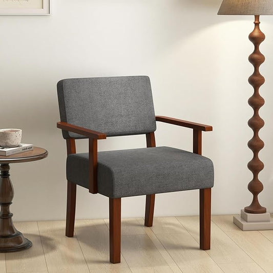 Giantex Mid Century Modern Accent Chair - Linen Living Room Arm Chair w/Soft Padded Seat &amp Backrest Rubber Wood Frame Upholstered Reading Chair for Living Room Bedroom Reception Grey