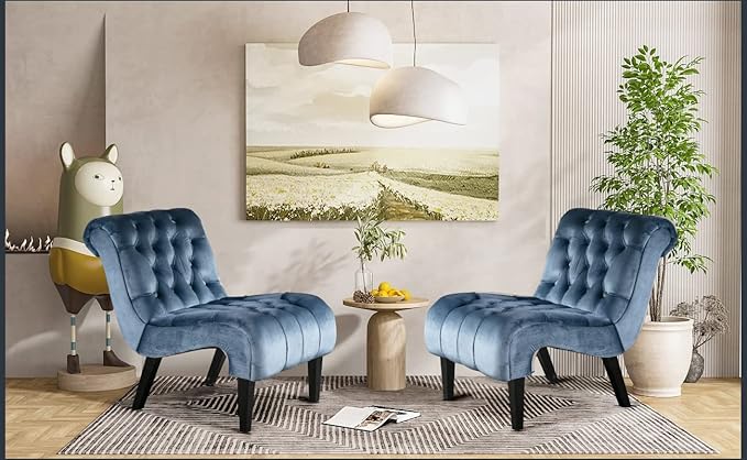 KINFFICT Velvet Accent Lounge Chair for Living Room Modern Leisure Chair with Tufted Backrest Indoor Armless Side Chair Upholstered Bedroom Sleeper Chairs with Solid Wood Legs