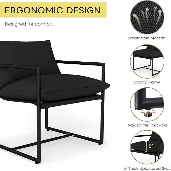 Kromax Sling Accent Chair Cozy Living Room Chairs Square Metal Frame Upholstered Soft Cushion Sponge 28 x28“x32 Easy Assembly Black