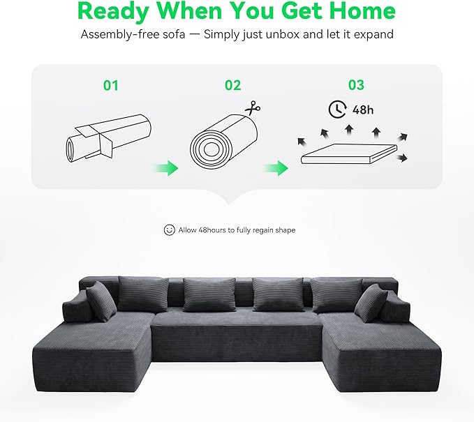 141 U Shaped Cloud Sectional Couch with Chaise Lounge Modular Sectional Sofa with Removable Armrests Comfy Corduroy Boneless Couches for Living Room No Assembly Required Dark Grey