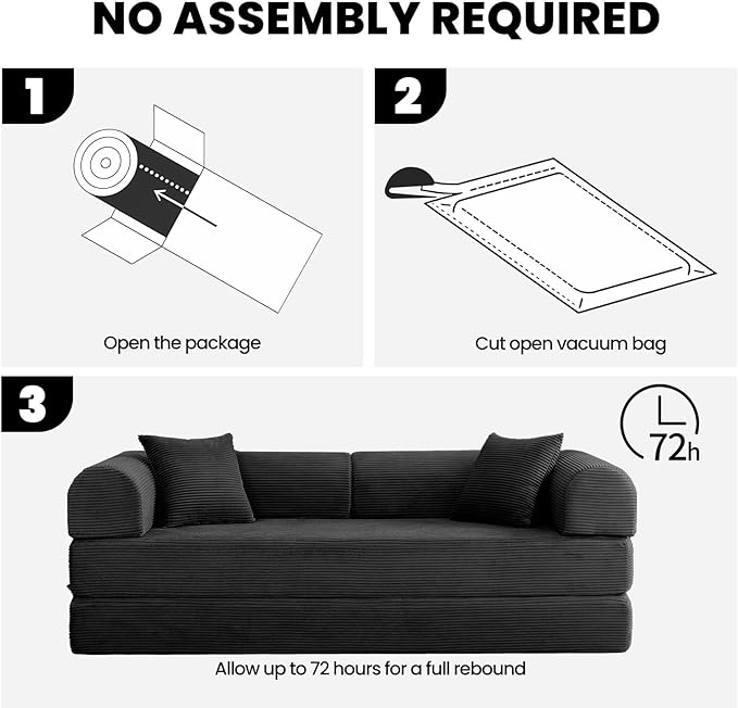 79 5-in-1 Convertible Sofa Bed King Size Sleeper with Bonus Pillows &amp Heavy Duty Frame No Assembly Corduroy Couch Bed for Movie Night &amp Guest Room Black