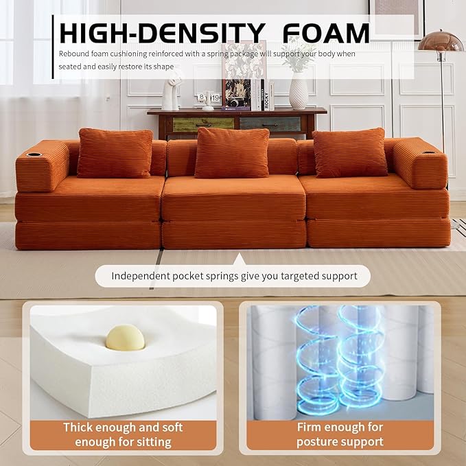 118 Oversized Sectional Couches Convertible Floor Sofa Bed with Cup Holder Boneless Foldable Mattress Cloud Couch with Pillow Back &amp Armrest for Living Room Bedroom Lounge(Corduroy Orange)
