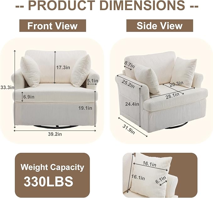 Karl home 39 Swivel Accent ChairOversized Seat Armchair W/2 Pillows and 4 PocketsModern Upholstered Corduroy Barrel ChairsComfy Single Sofa for Living RoomReadingBedroom and Office-Beige