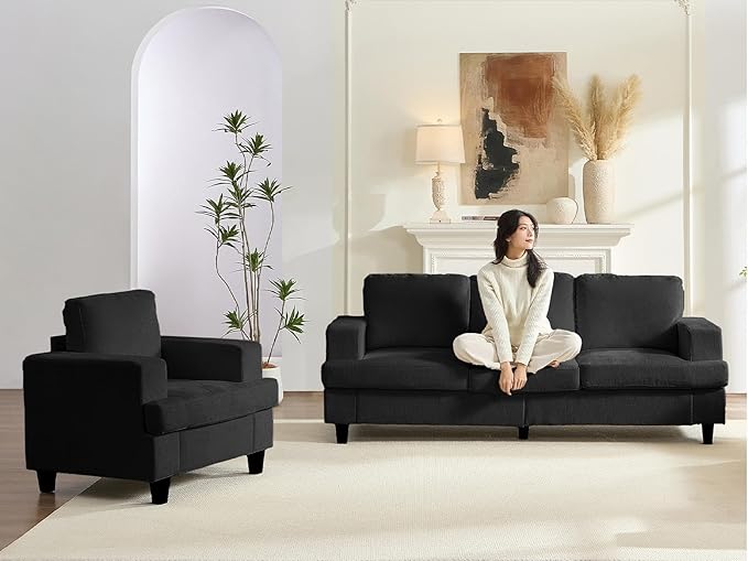 Mjkone 2 Piece Living Room Sofa Set 3 Seater Sectional Sofa Couch and Chair Sets 82 Width Chenille Sectional Couch Furniture Sets Modular Sofas Couches for Living Room Home Office Dark Grey