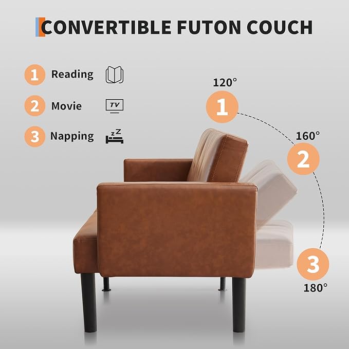 Garvee 75.5 Convertible Futon Sofa Bed PU Leather Upholstered Futon Couch with Strong Legs Mid Century Modern Sleeper Sofa Comfy Loveseat for Living Room Bedroom Dorm Brown