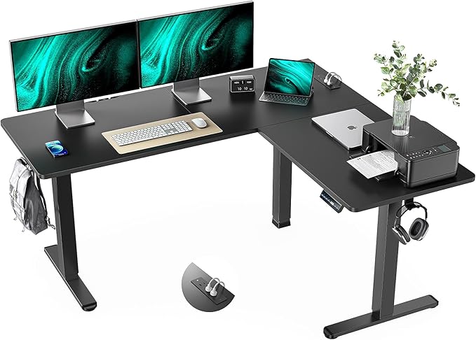 Marsail Standing Desk Adjustable Height with 4-in 1 Electical Outlet L Shaped Electric Standing Desk with Headphone Hook Stand up Desk for Home Office Sturdy Writing Workstation Black