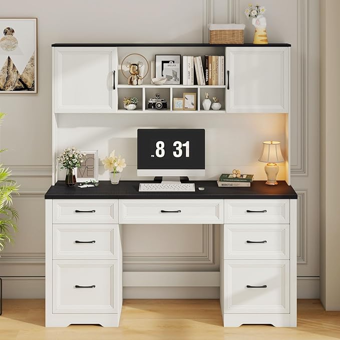 Vabches Farmhouse Executive Desk with 7 Drawers and Storage Cabinet Rustic Large Home Writing Desk with Hutch Workstation for Bedroom Black