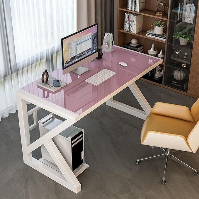 Tempered Glass Computer Desk Modern Home Office Desk Gaming Desk Writing Study Table Workstation for Home Office(120CM Pink+White Frame)