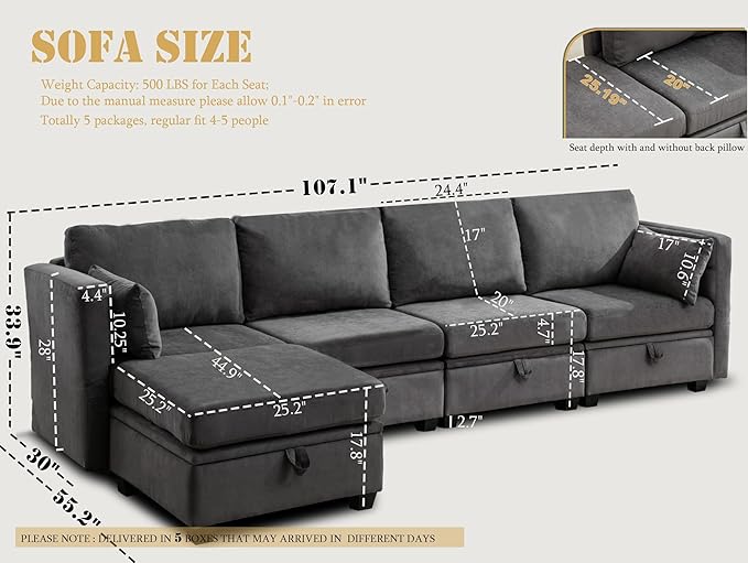 107 Modular Sectional Sofa Storage Couch and Ottoman 6 Seat Convertible U Shaped Couch with Reclining Arm and Back Modular Sectional Couches for Living Room Apartment Small Space(Dark Gray)