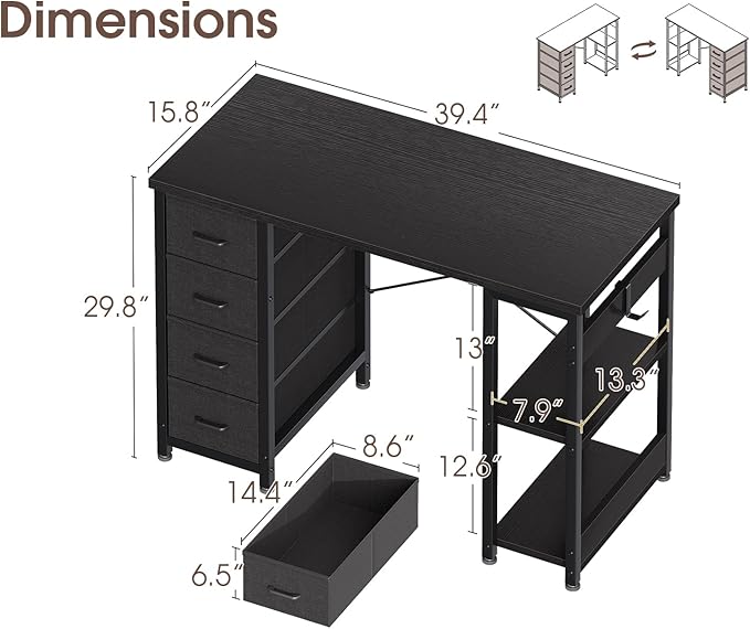 Casaottima 40 Inch Small Computer Desk with 4 Fabric Drawers Modern PC Desk for Small Spaces Home Office Desk with Storage Shelves Black
