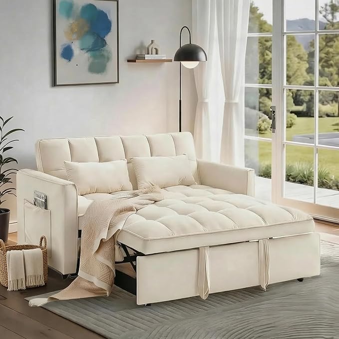 Convertible Sofa Bed Pull Out Couch with Side Pockets 3 in 1 Velvet Fabric Loveseat Sleeper Sofa Bed Pull Out Couch with Adjustable Backrest for Living Room Bedroom Apartment White