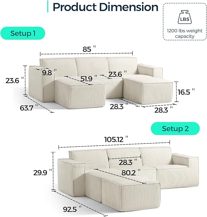 LINSY HOME Oversized Modular Sectional Sofa 105 Cloud Couch L Shaped 3-Seat Sofa with 2 Movable Ottomans Corduroy Sectional Couches for Living Room No Assembly Required Beige