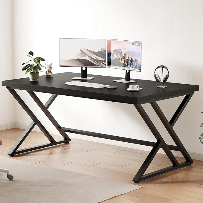 LVB Black Computer Desk Modern Gaming PC Writing Desk for Home Office Metal Computer Study Work Table for Bedroom Industrial Executive Student Simple Workstation Desk 55 in Black Oak