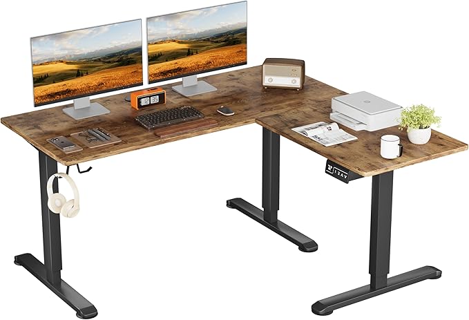Shahoo L-Shaped Electric Standing Desk 63 x 48 Inches Height Adjustable Coner Table Home Office Computer Workstation Rustic Brown 63 x 48 Inch