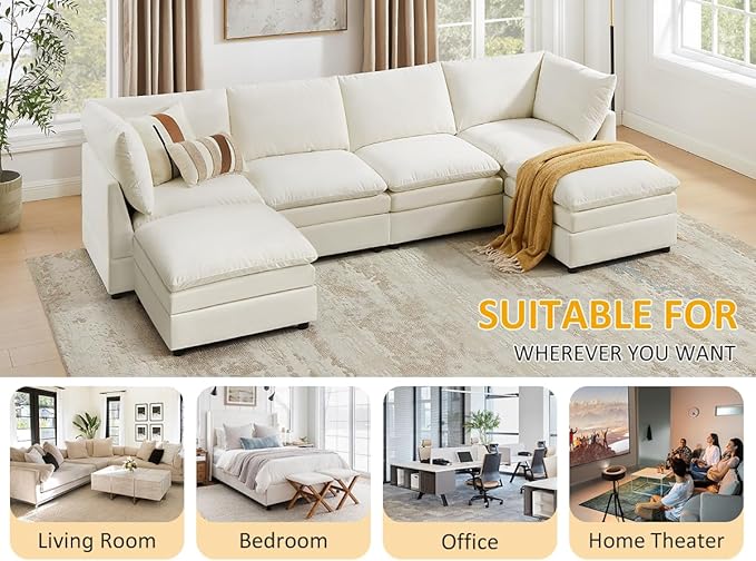 VANOMi 127 Modular Sectional Cloud Sofa Couches V Shape Convertible Sleeper Sofa with Thick Cushion for Apartment Upholstered Comfy Living Room Sofa Set Ivory White