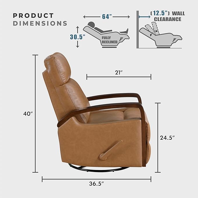 Lexicon 360 Degree Swivel Glider Reclining Chair Breathable Faux Leather Manual Recliner Comfy Nursery Glider Recliner Wood Arms Pull Handle for Living Room/Office/Bedroom/Apartment Camel Brown
