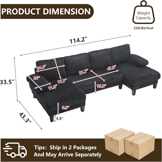 114.2W U-Shaped Sectional Sofa for Living Room Corduroy U-Shaped Couch with Double Chaises 4-Seater Comfy Cloud Sofa for Home Furniture Office &amp Small Space (Black)