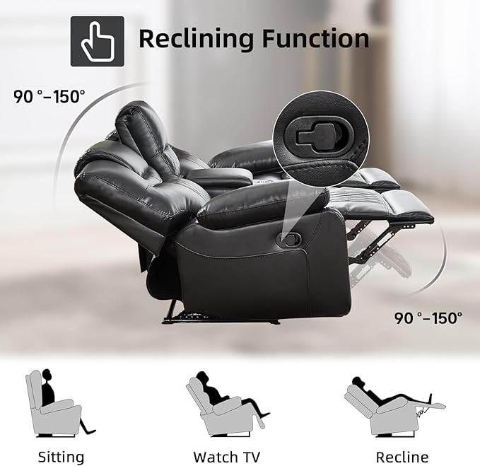 EBELLO Faux Leather Manual Reclining Sofa Overstuffed Armrest 3 Seat Recliner Sofa Reclining Couch for Living Room Meeting Room Bedroom Black