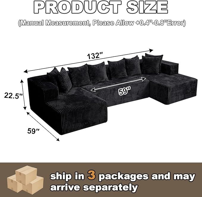 132''U-Shape Modular Sectional Couch Sofa Boneless Compressed Corduroy Modern Sleeper Space-Efficient Convertible Design 3 Packages Shipping