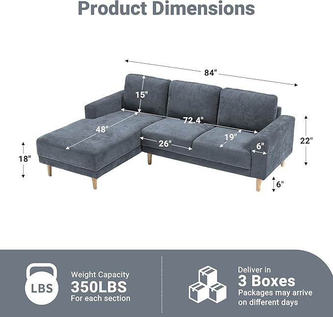 Tbfit 84 L-Shaped Sectional Sofa Comfy Upholstered Couch with Chaise Modern Fabric Living Room Furniture for Home Office Gray