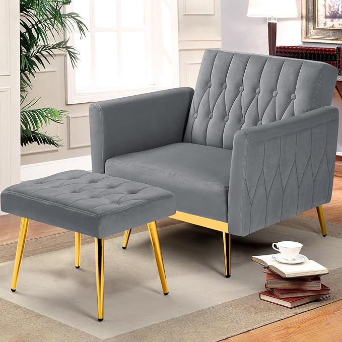 Velvet Accent Chair with Adjustable Armrests and Backrest Button Tufted Lounge Chair Single Recliner Armchair with Ottoman and Pillow for Living Room Bedroom Grey