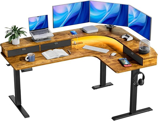 HUANUO 65″ L-Shaped Standing Desk with Power Outlets &amp LED Strip Electric Height Adjustable Corner Computer Desk Sit Stand Up Desk with 3 Drawers Vintage Brown
