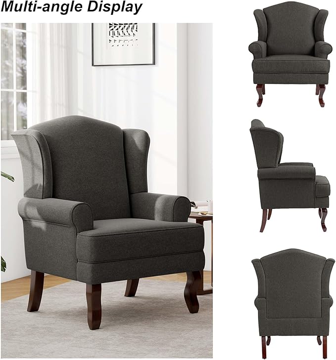Accent Chair High Back Upholstered Armchair with High Resilience Sponge &amp Wood Legs Mid-Century Modern Comfy Single Sofa Reading Chairs for Living Room Bedroom (Dark Grey Set of 1)