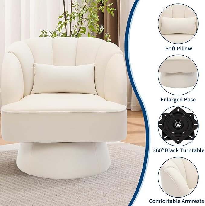 Swivel Accent Chair with Armrest Modern 360 Degree Swivel Round Lounge Chair with Curve Back and Cushion Comfy Upholstered Armchair Single Sofa for Living Room Bedroom Reading Room Beige 2PCS