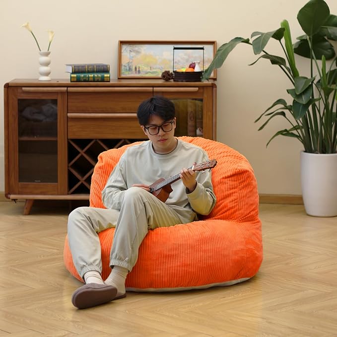 N&ampV Large Crescent Bean Bag Chair Adult Size Bean Bag Sack Foam Filling Soft Premium Corduroy Bean Bag for Living Room Bedroom Dorm and Office (Tangerine)