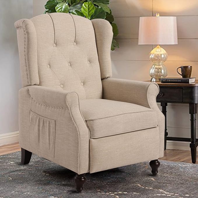 Recliner Wingback Chair - Tufted Armchair - Massage Recliner Chair with Heat - Fabric Push Back Recliner with Remote Control Heating Function Adjustable Backrest (Beige)