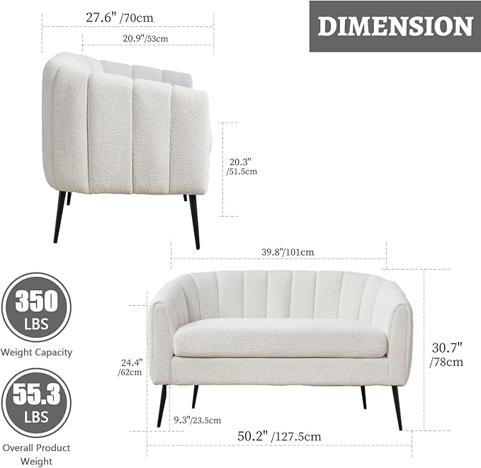 59 Small Loveseat Sofa 2-Seater Modern Chenille Couch with Gold Metal Legs &amp Floral Backrest Compact Apartment Sofa for Living Room Bedroom Office Dorm (Chenille Ivory(50.2''))