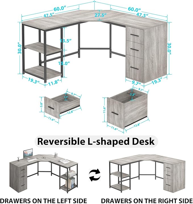 HSH Gray L Shaped Corner Desk with Storage 60 Corner L-Shaped Computer Desk with File Cabinet Shelves Reversible Wood Metal L Shape Home Office Work Study Writing Desk for Dual Monitor Light Grey