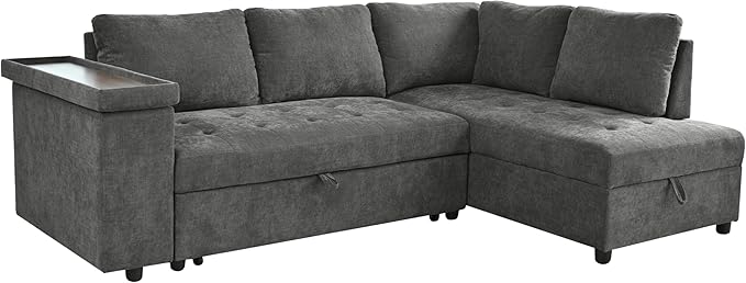 Modern 91.5-Inch L Shaped Sectional Sofa Couch Pull-out Sofa Bed Sleeper with Storage Ottoman and Wide Storage Armrest Polyester Convertible Corner Couch for Living Rooms Offices (Grey-9.8)